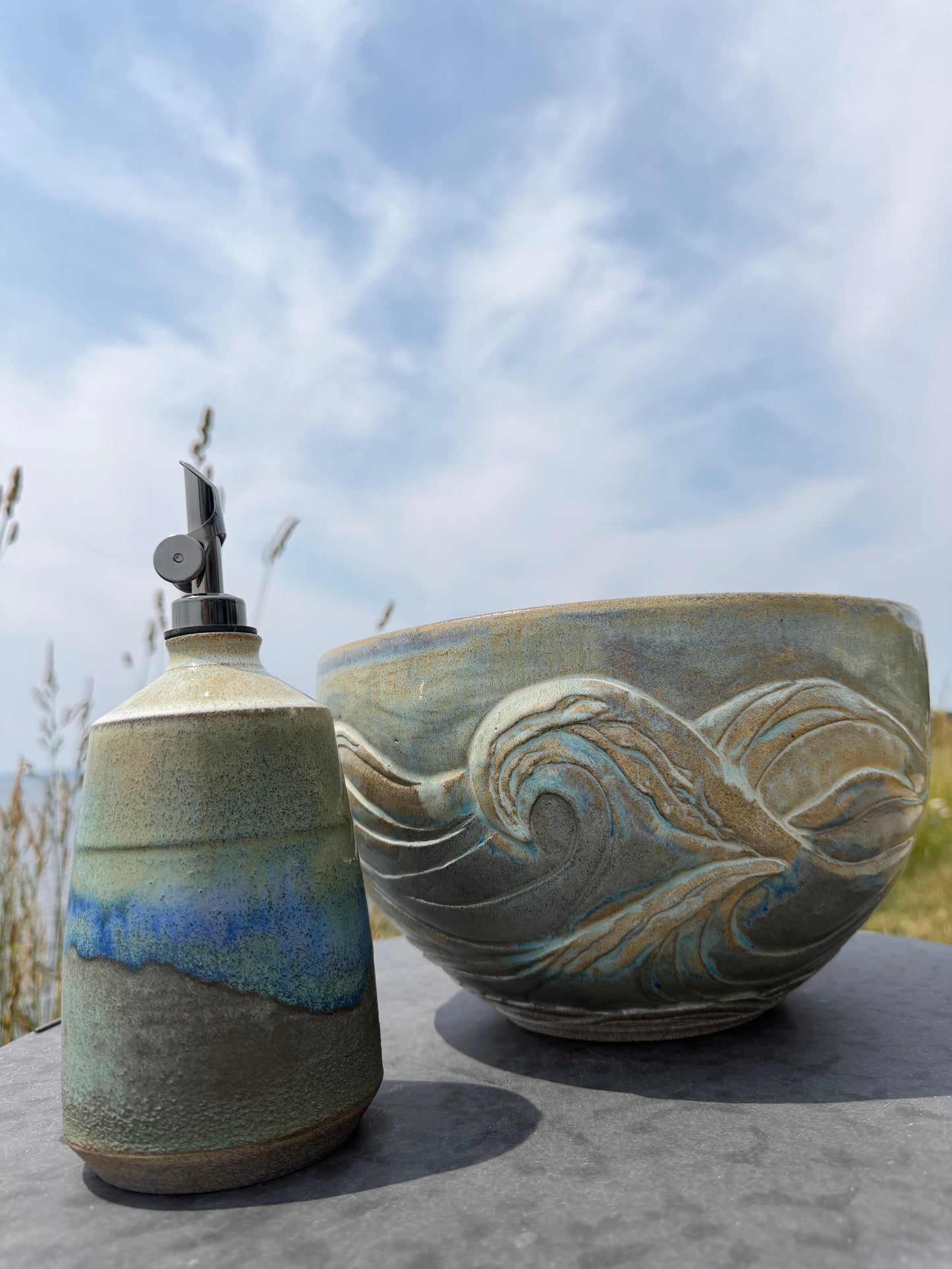 Artisanal Centrepiece Wave Bowl and Olive Oil Dispenser
