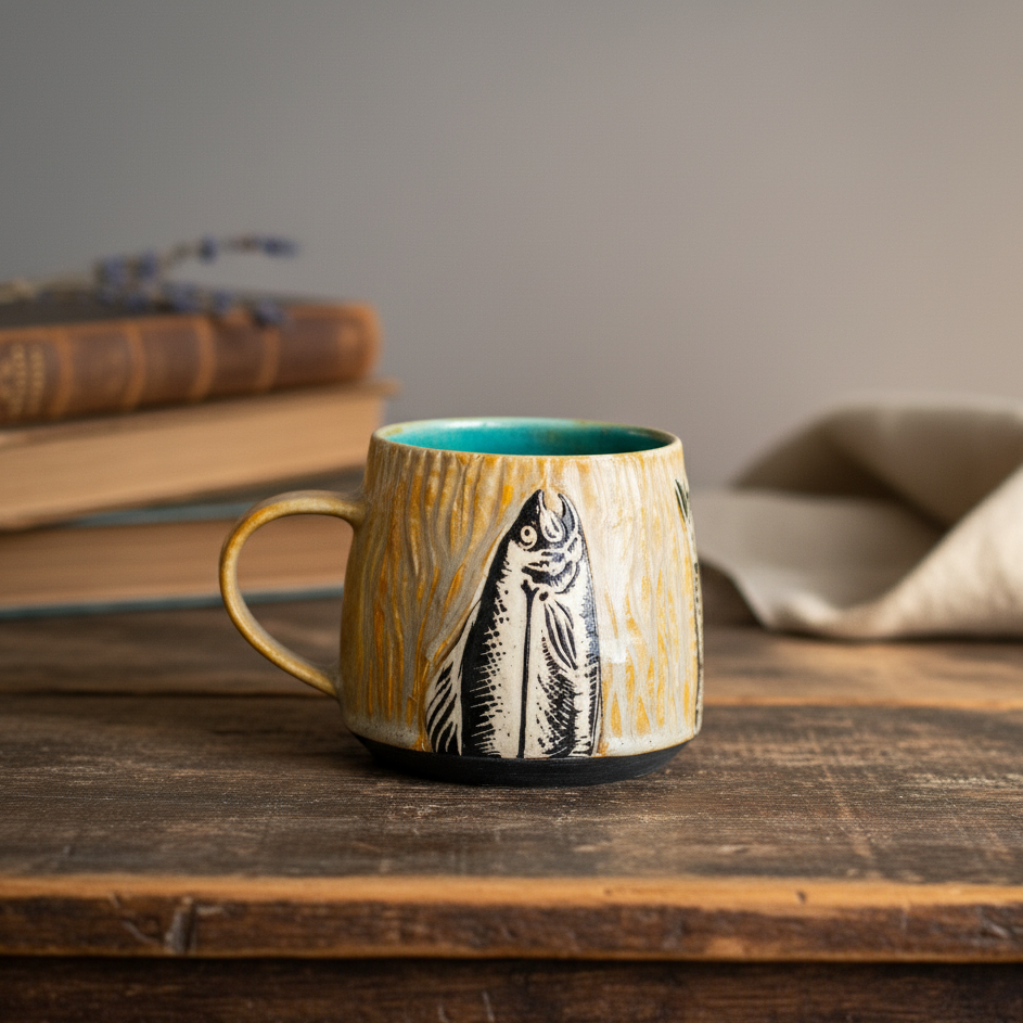 Hand-carved Earthen Fish Mug